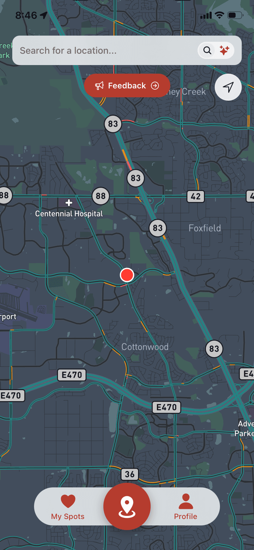 The app's live night map, dark, tracking the route