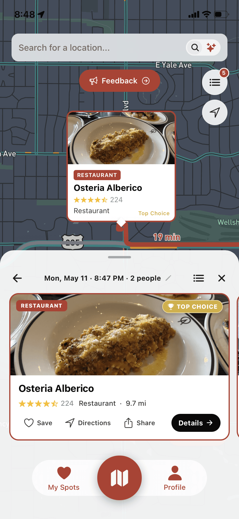 The finished plan on the map: Osteria Alberico marked Top Choice, 19 minutes away, with save, directions, and share actions